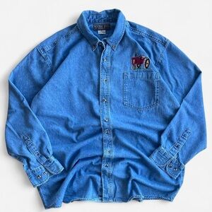 Vintage Rivers End Blue Denim Button Up Shirt with Embroidered Red Tractor  XL